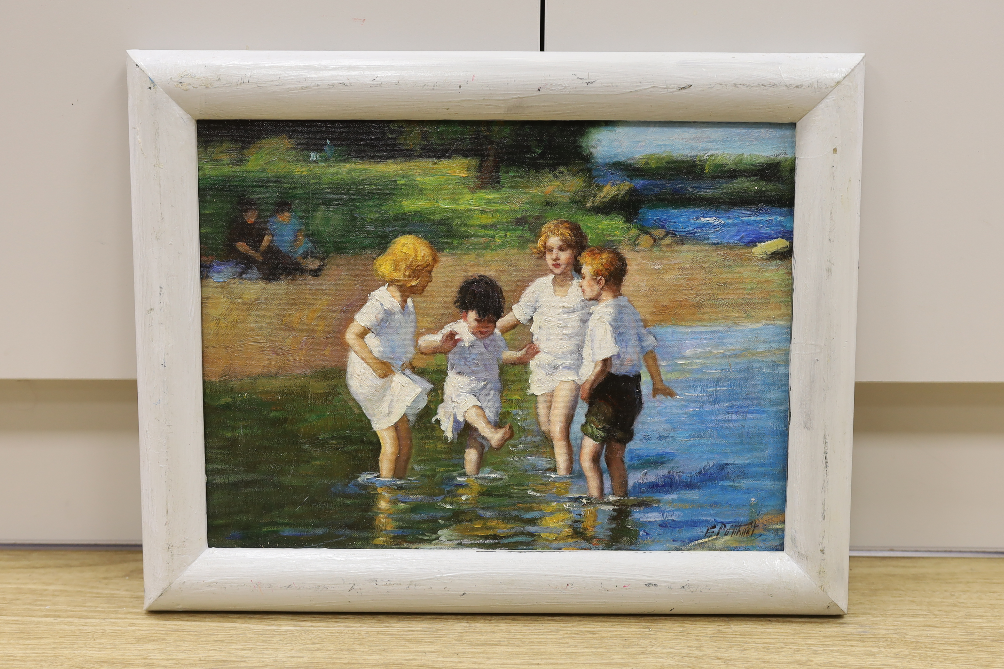 Manner of Edward Henry Potthast (1857-1927) oil on canvas board, River landscape with four children playing, 29 x 39cm